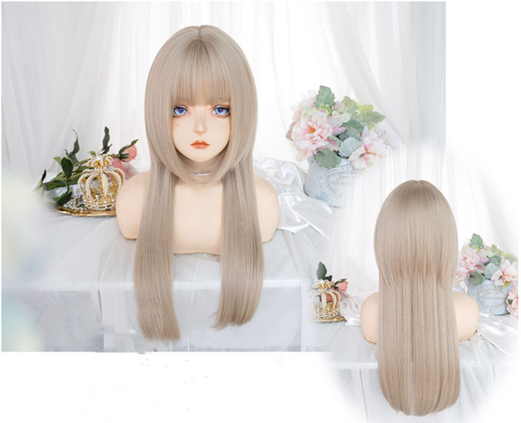 Waist Length Straight Princess Cut Ash Blonde Synthetic Wig