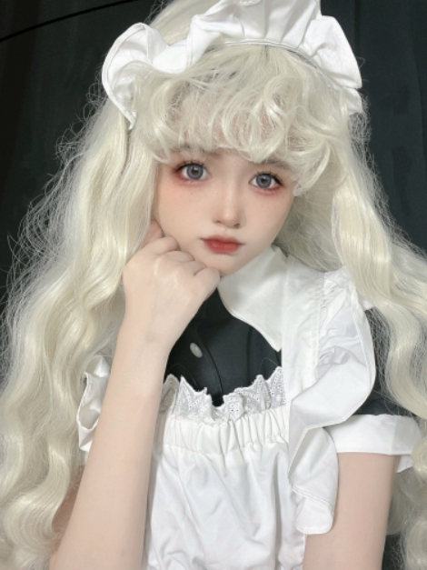 60cm Off White Long Wavy Wig with Curly Bangs