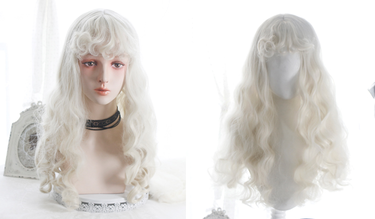 60cm Off White Long Wavy Wig with Curly Bangs