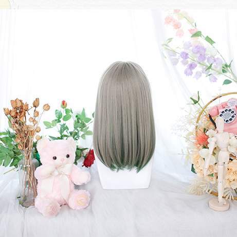 In Stock Green Highlights Mid Length Straight Wig