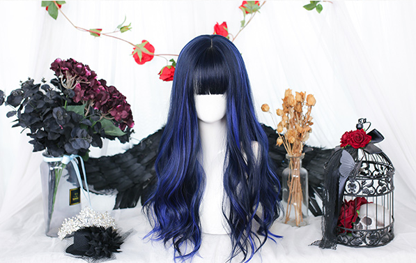 In Stock Black Blue Highlights Long Wavy Wig