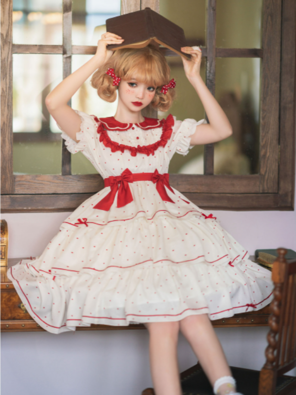 In Stock Bowknot Details Polka-dot Print Tiered Ruffle Hem Short Sleeves One Piece