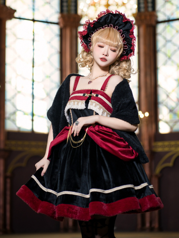 Letter and Poetry Black and Red Plush Hemline Velvet Lolita JSK