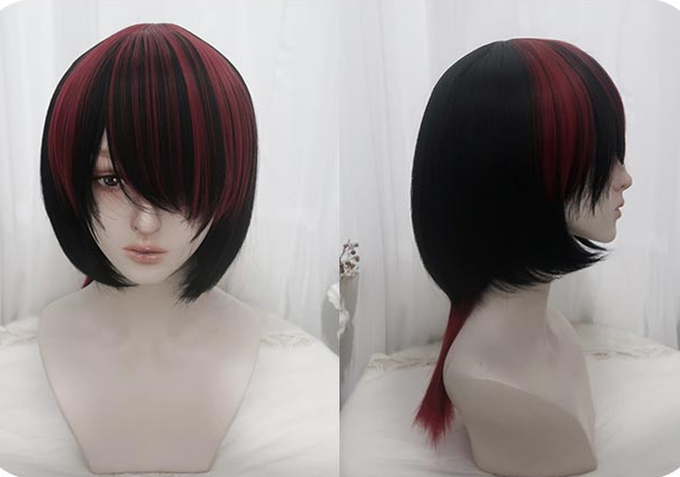 Virtual Cat Black and Red Highlight Hair Color Synthetic Wig