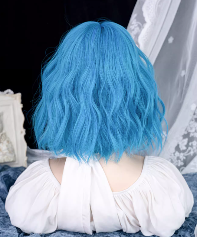 Sea Blue Wavy Bob Synthetic Wig