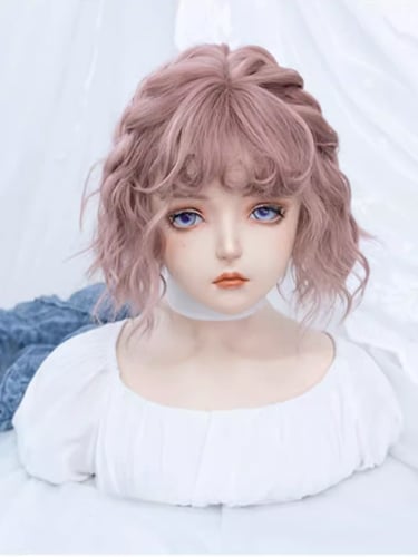 Pink Chin Length Wavy Synthetic Wig with Curly Bangs