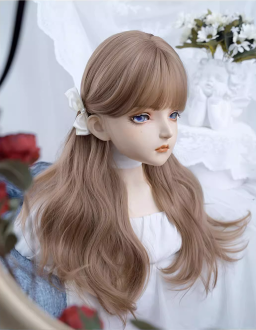 Milk Tea Brown Long Wavy Synthetic Wig with Full Bangs