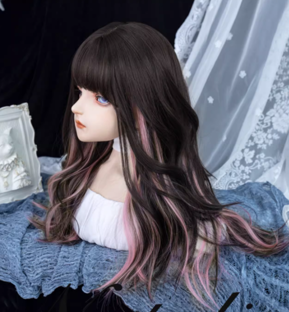 Pink Highlight Hair Color Black Long Synthetic Wavy Wig with Full Bangs