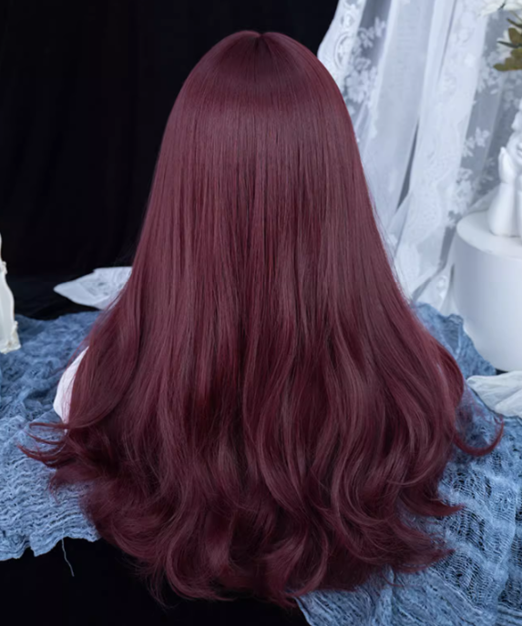 Wine Red Long Synthetic Wavy Wig with Full Bangs