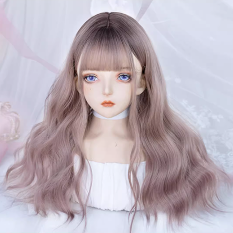 Purple and Grey Ombre Hair Color Medium Length Synthetic Wavy Wig with Full Bangs