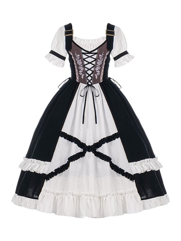 Rosette Embroidery Lace-up Details Bodice Black and White One Piece
