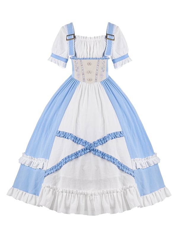 Square Neckline Rose Embroidery Waist Blue and White One Piece