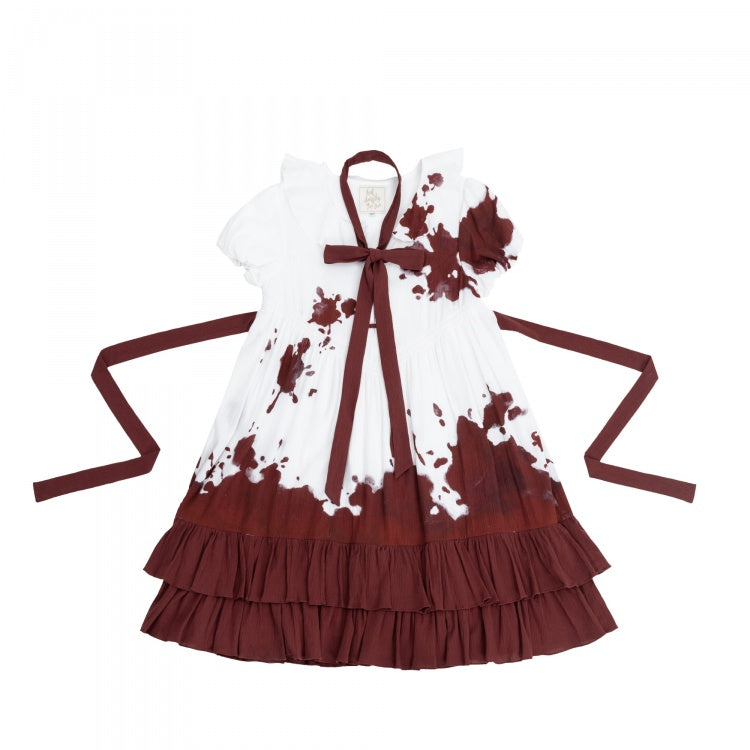 Romeo Collection White and Red Lace-up Front Ruffle Hemline Short Sleeves Lolita OP