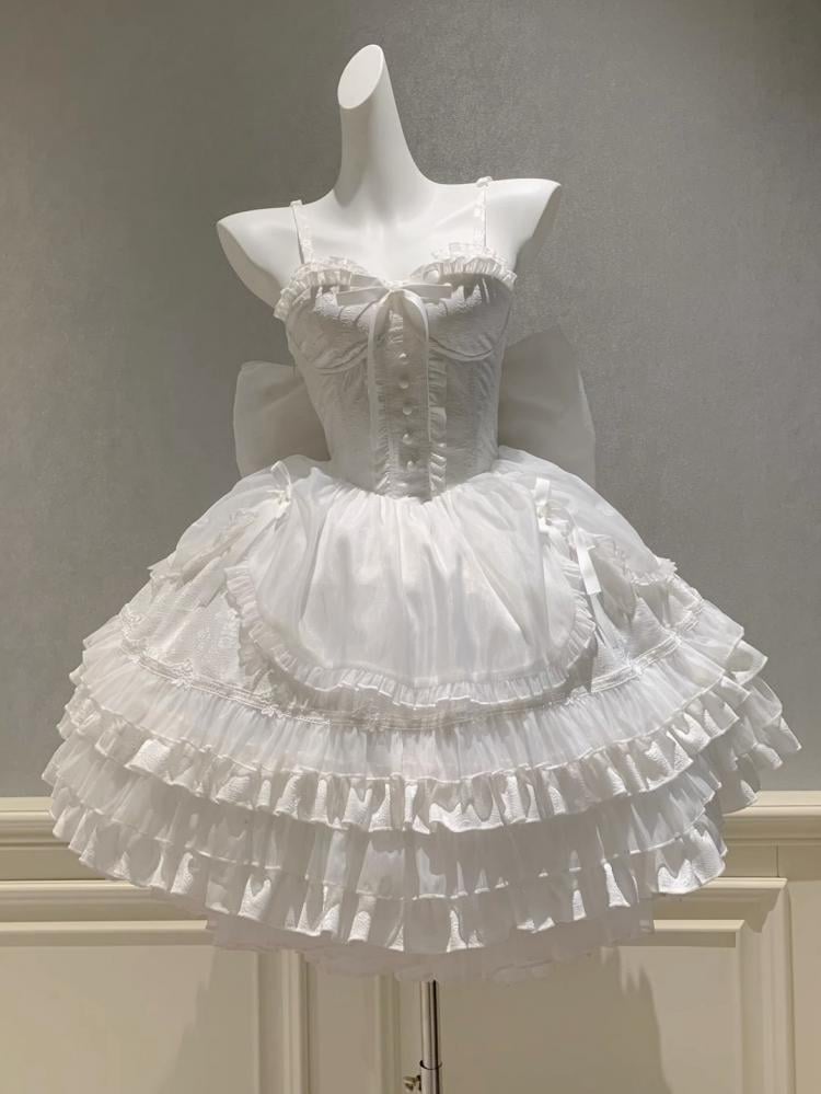 White Sweetheart Neckline Boned Bodice Balletcore Jumper Skirt Tiered Ruffles with Big Bow
