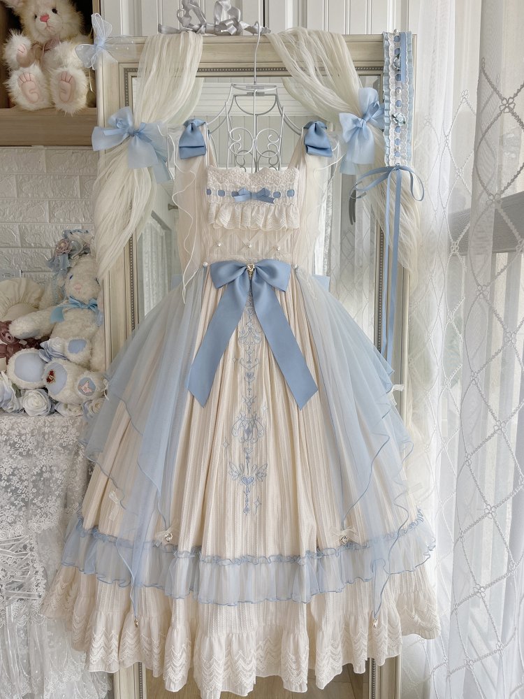 Hebe's Tears Beige and Blue Long Version Square Neckline Jumper Skirt