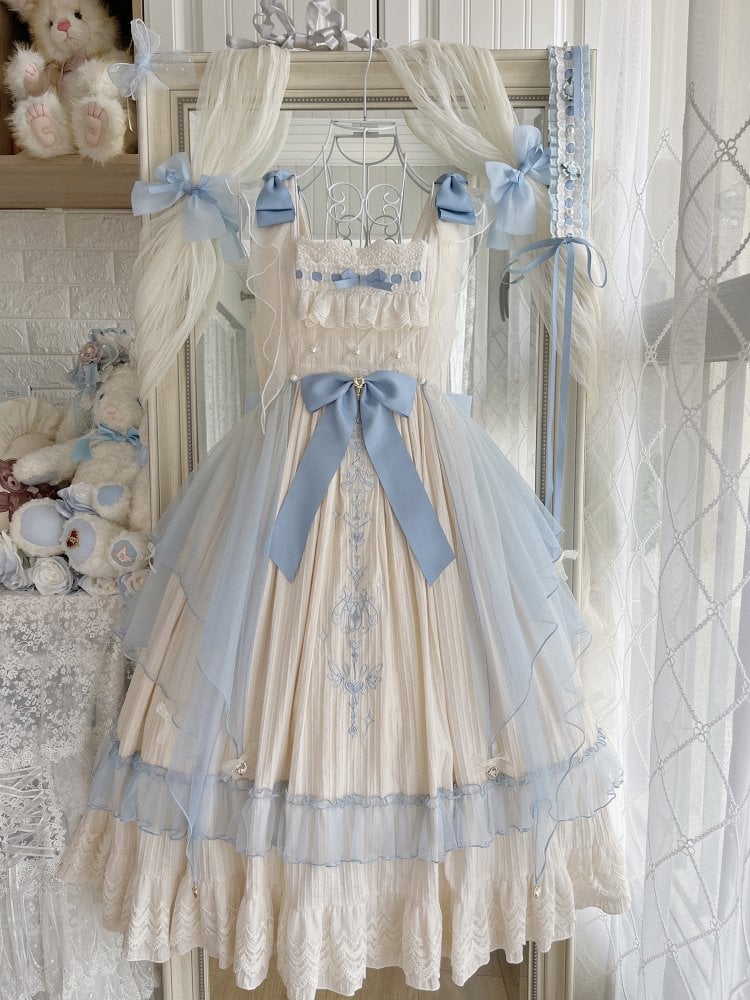 Hebe's Tears Beige and Blue Short/Long Version Square Neckline Jumper Skirt Set