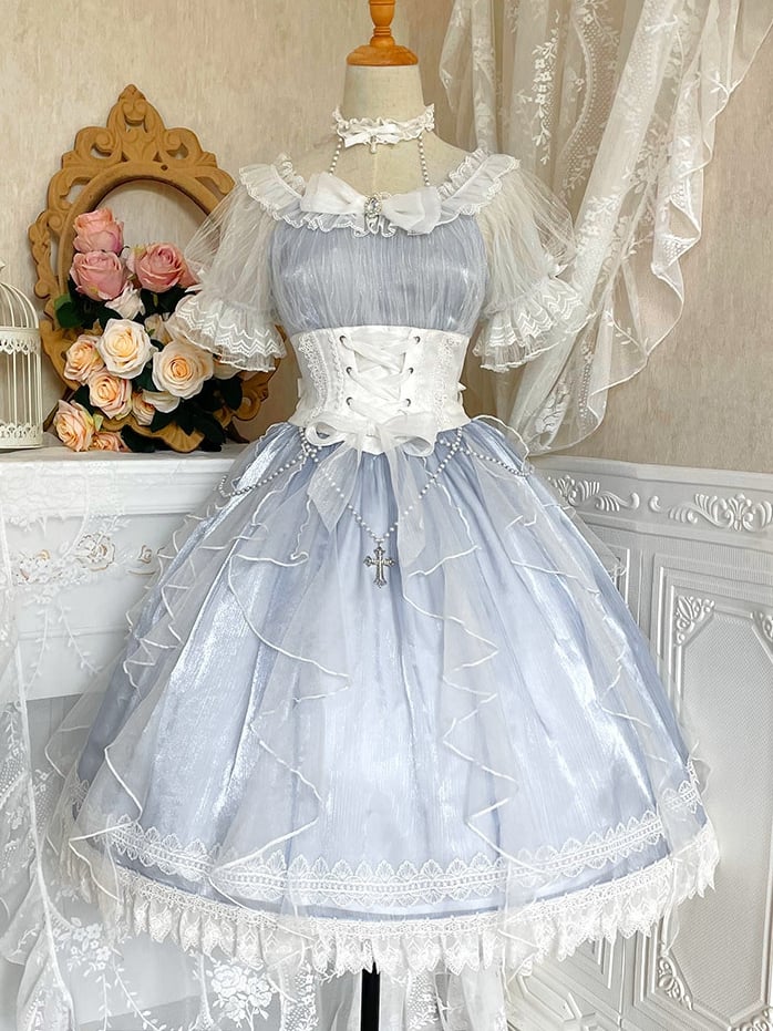 Mermaid Tears One Piece Halter Neck Puff Sleeves Tiered Skirt and Ruffle Trim