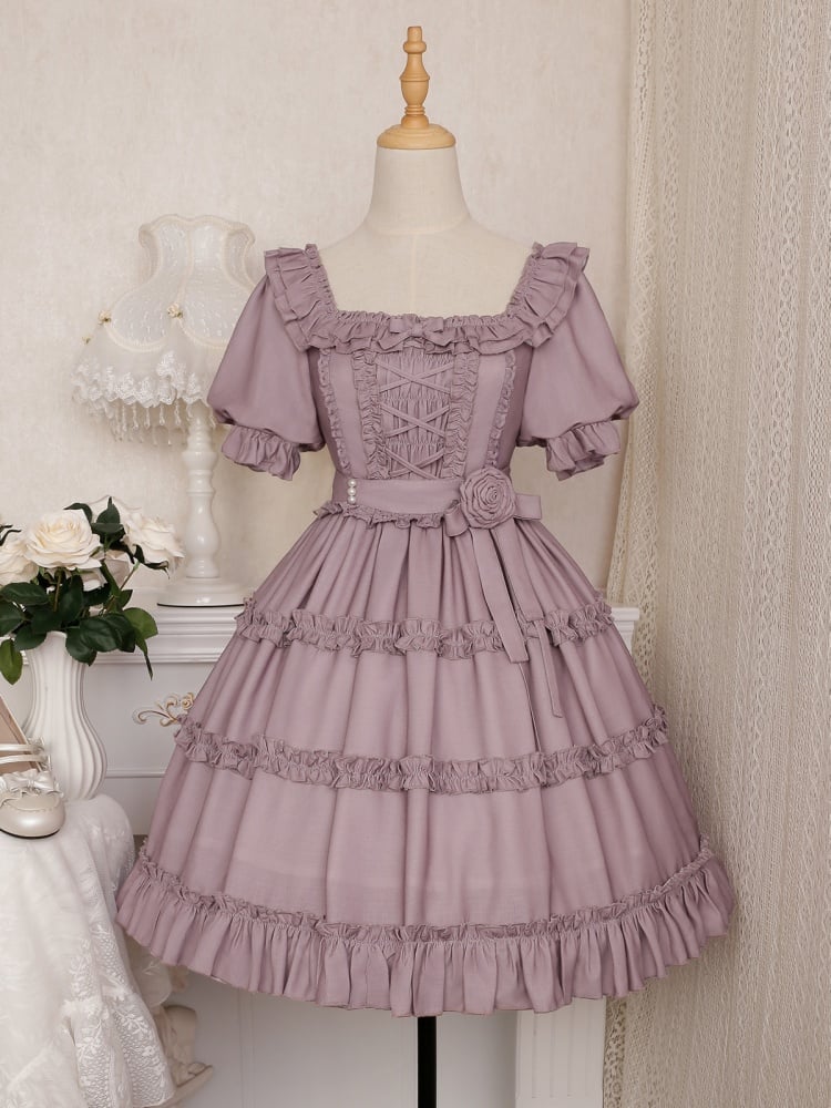 Square Neckline Smocked Elastic Front Bodice Ruffle Hemline Long/Short Sleeves Lolita OP