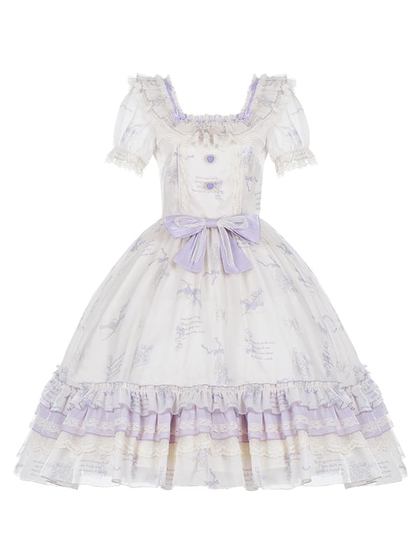 White and Purple Bluebell Print Square Neckline One Piece