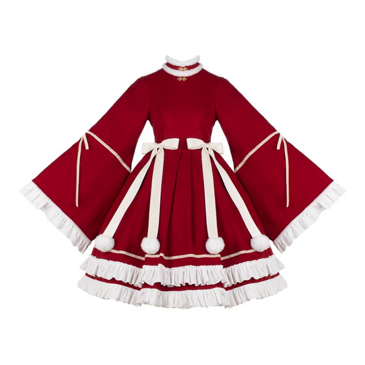 New Year Red and White Plush High Neck Ruffle Hemline Long Sleeves One Piece