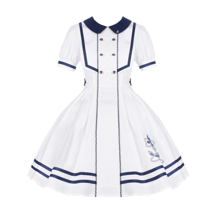 Anchor Embroidery Hemline White Navy Vibes Dress One Piece