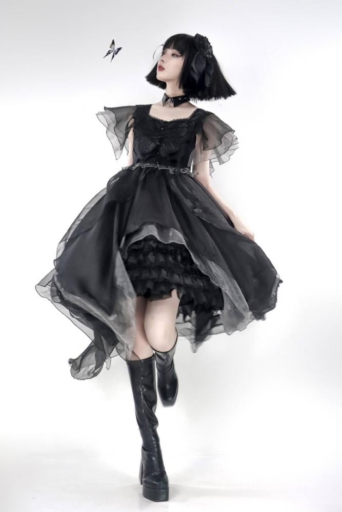 Twin Butterfly Black Square Neckline Handkerchief Hem Jumper Skirt
