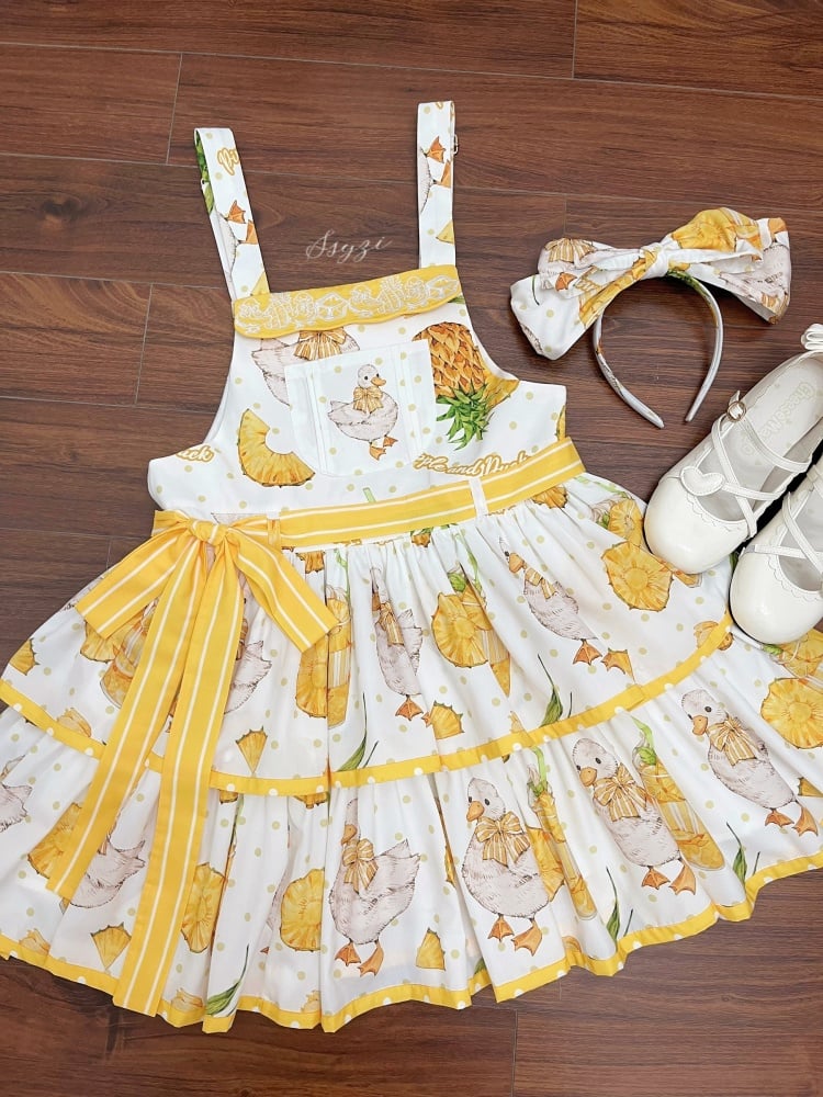 Pineapple and Duck Print Yellow Overalls Polka-dot Pattern Dress