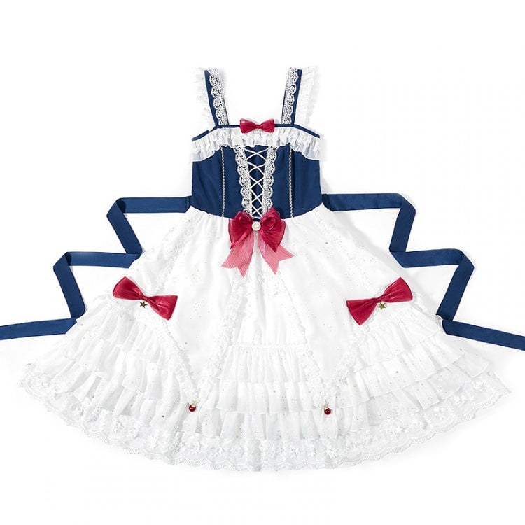 Snow White Bowknot Details Lace-up Bodice Ruffle Hem Jumper Skirt