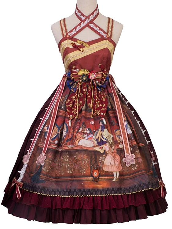 In Stock Fantasy Night Story Japanese Style Print Flounce Hem High Waist Wa Lolita JSK