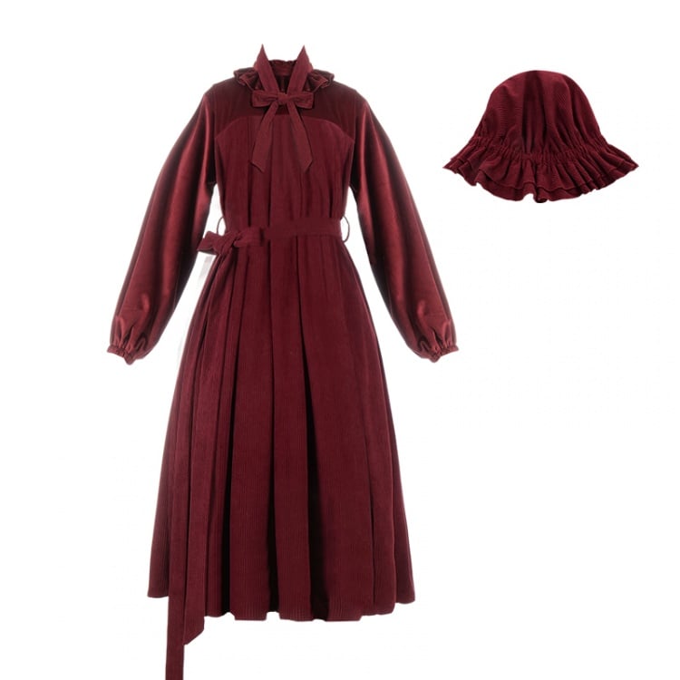 Winona Red/Black Velvet and Corduroy Ruffle Neckline Long Balloon Sleeves One Piece