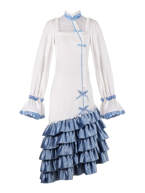 White and Blue Mermaid Dress Cheongsam Collar Long Sleeves Elegant Qipao Dress