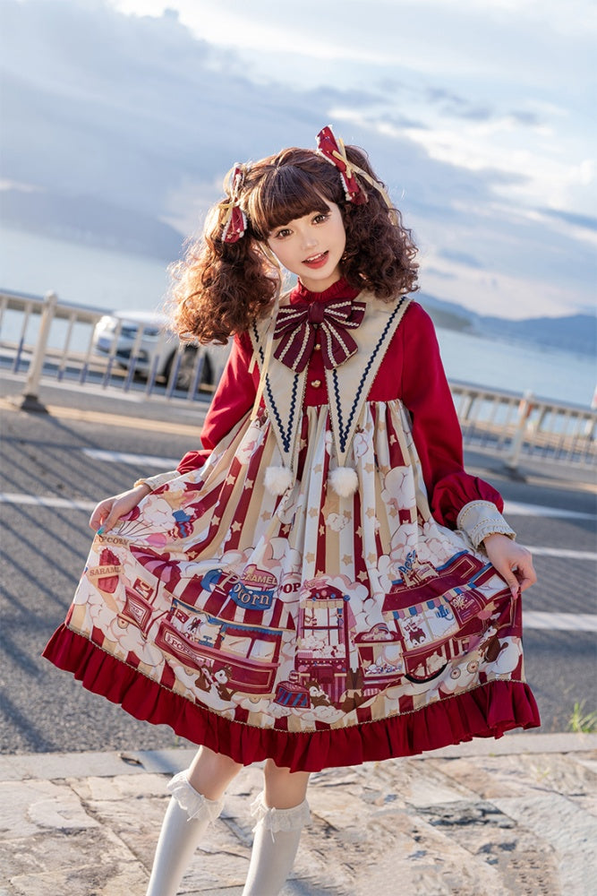 Popcorn and Star Pattern Print Pointed Collar One Piece Red and Yellow