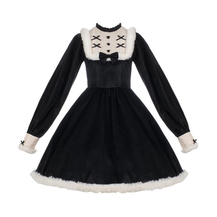 Humanoid Time Color Black Ruffle Round Neckline Plush Hemline Velvet Long Sleeves One Piece