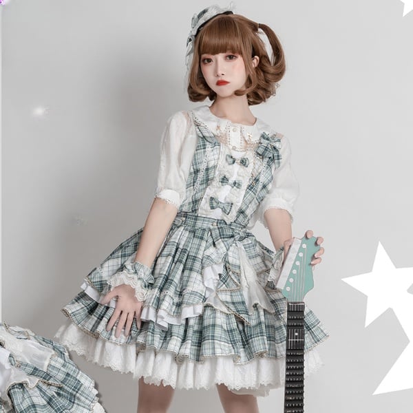 Matcha Ice Bowknot Details Plaid Ruffle Hem Idol Lolita Overall Dress