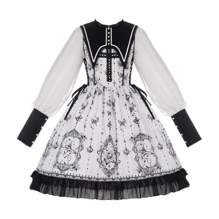 Black and White Butterfly Print One Piece with Lace-up Details Side