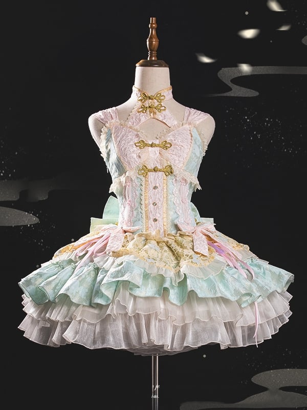 Light Green and Pink Detachable Collar Qi Tiered Ruffles Jumper Skirt - Sukuroi