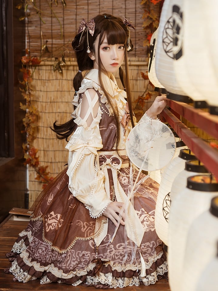 In Stock Chinoiserie Style Pattern Design Dragon Print Bowknot Details Jumper Skirt