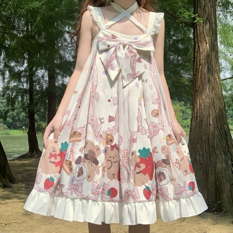 White Bear Print Halter Neck Ruffle Hemline Jumper Skirt