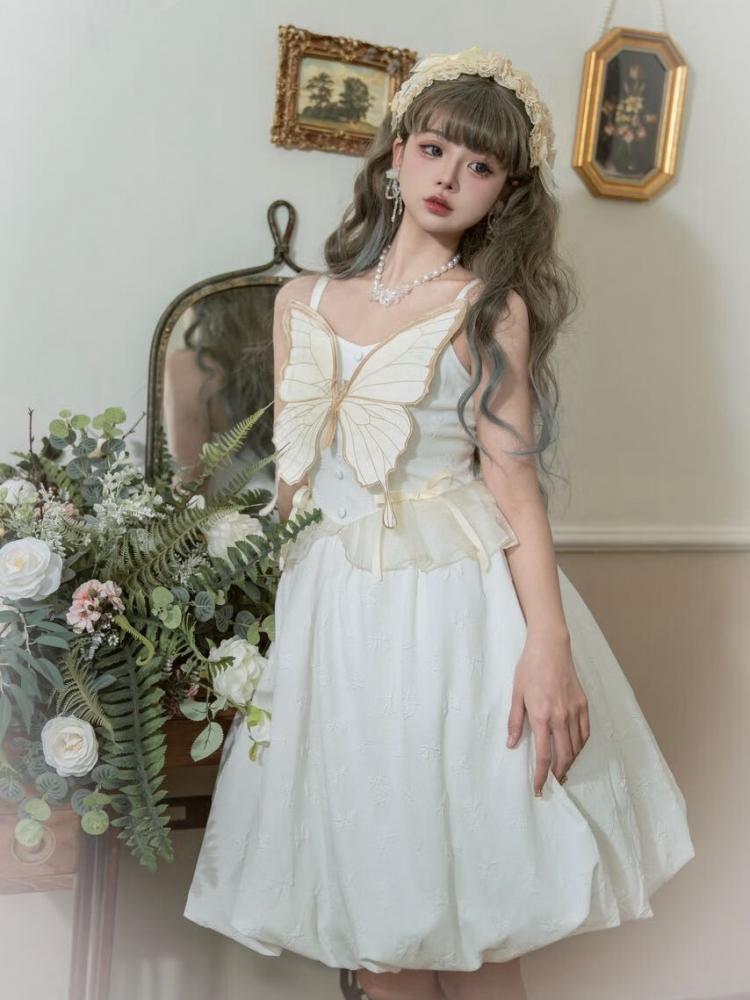 White Butterfly Bodice Dress Bubble Skirt Jumper Skirt