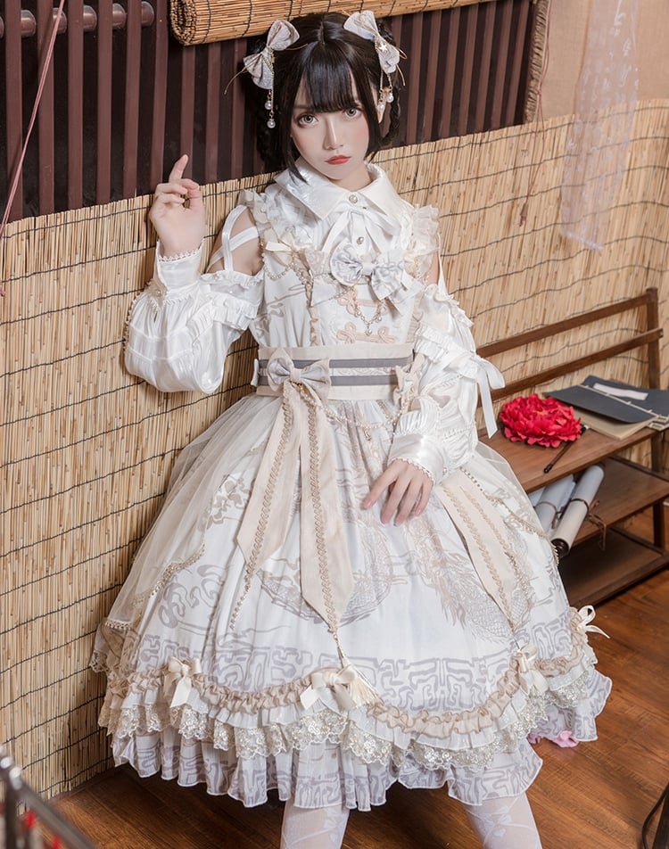 In Stock Chinoiserie Style Pattern Design Dragon Print Bowknot Details Jumper Skirt