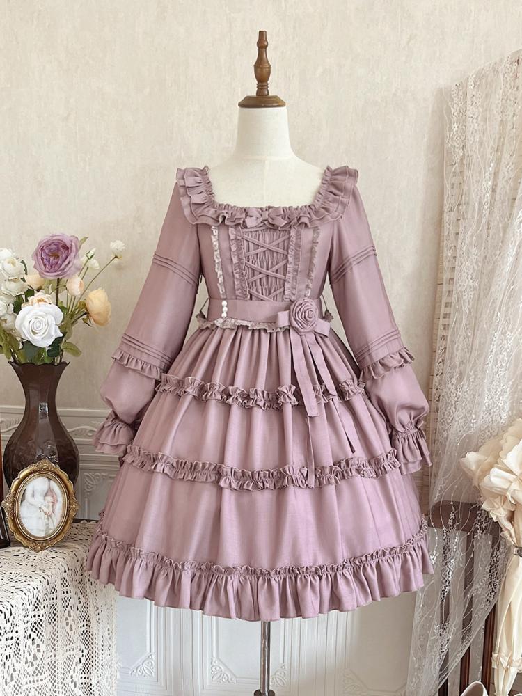 Square Neckline Smocked Elastic Front Bodice Ruffle Hemline Long/Short Sleeves Lolita OP