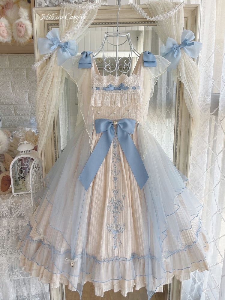 Hebe's Tears Beige and Blue Short/Long Version Square Neckline Jumper Skirt Set