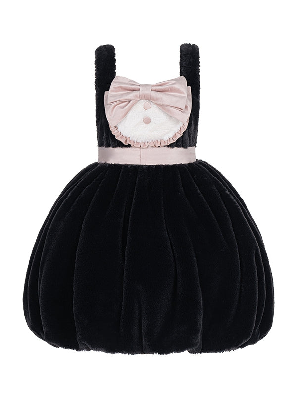 Little Sweet Bean Color Black and Pink Square Neckline Bubble Skirt Jumper Skirt