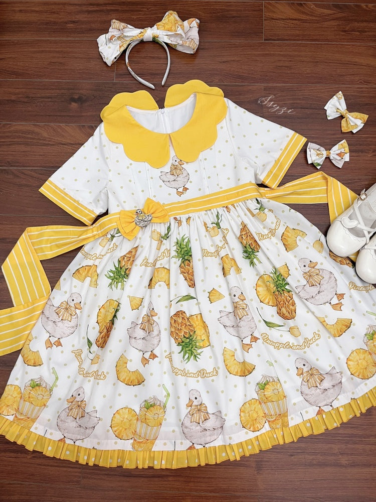 Yellow Polka-dot Pattern Pineapple Duck Print One Piece