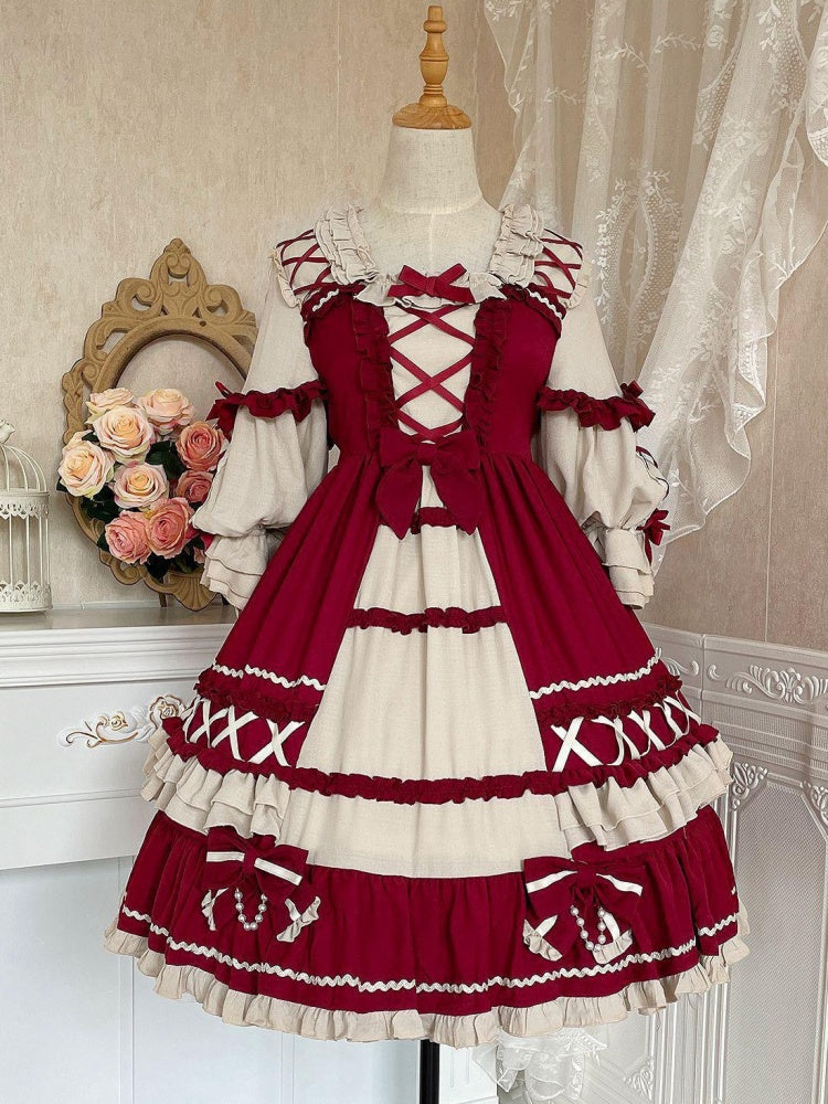 Wine Red Bowknot Details One Piece Snow White Dress/Full Set Square Neckline
