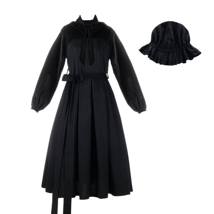 Winona Red/Black Velvet and Corduroy Ruffle Neckline Long Balloon Sleeves One Piece