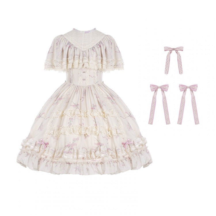 Bluebell Print Beige Edward Collar Ruffle Skirt One Piece