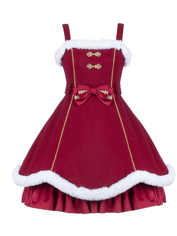 New Year Red and White Plush Trim Flounce Hemline Jumper Skirt