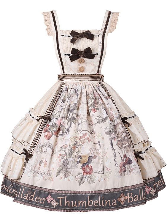 Thumbelina Floral Print Bowknot Details Overall Dress