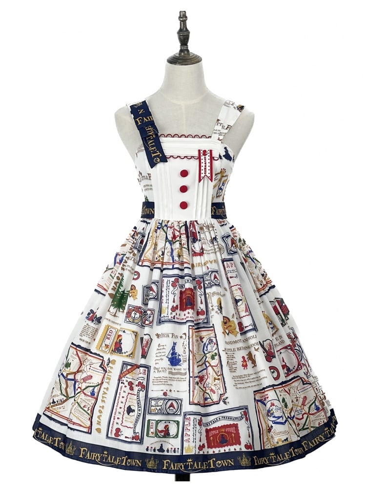 White High Waist Print Design Jumper Skirt